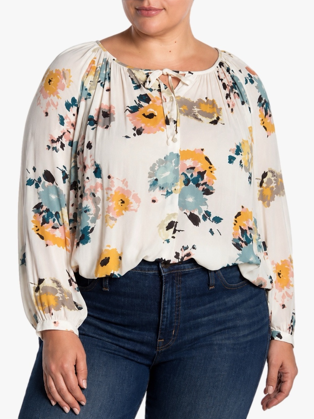 Lucky Brand Plus Size 1X Floral Peasant Blouse Boho Long Sleeve Top